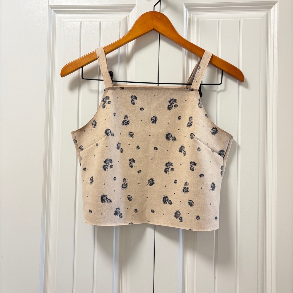 OAK + FORT Floral Boxy Suede Crop Top Beige – Size S